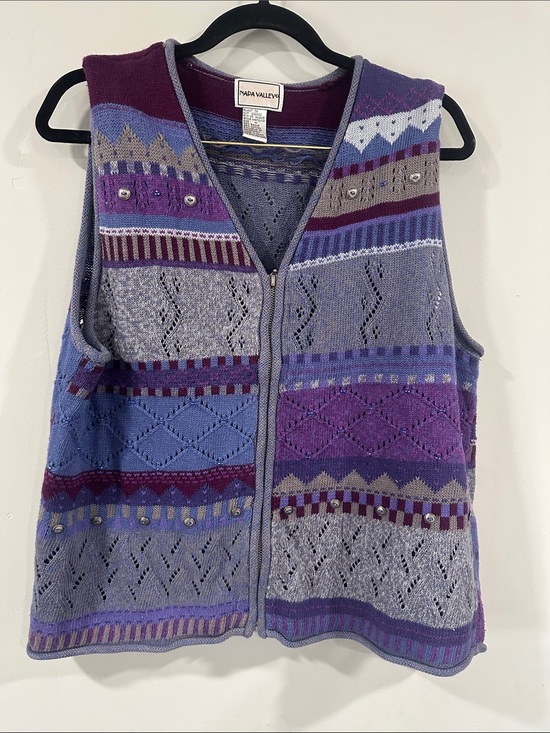 Napa Valley Sweaters - Napa Valley Women's Purple Patterned Zip Vest Sweater Ramie/cotton blend